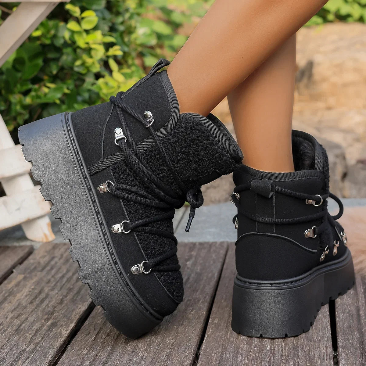 Women’s Winter Snow Boots – Warm, Fleece-Lined, Thick Sole, Cotton Material, Adjustable Ties, Non-Slip Rubber Outsole,