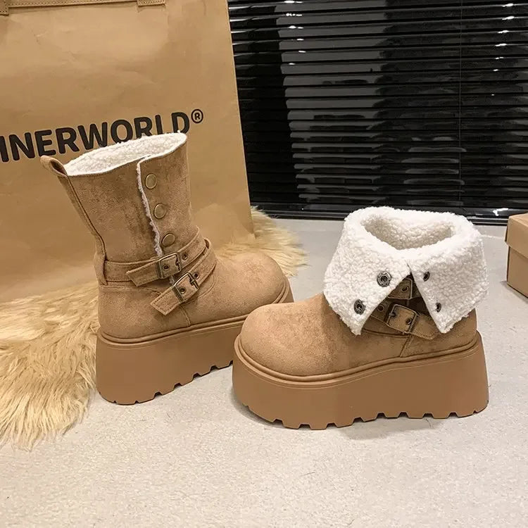 Women’s Winter Boots – Thick sole, ultra high heel, fleece-lined, mid-calf, round toe.