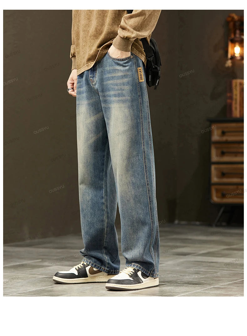 Winter Fleece Warm High Quality Cotton Jeans Men Loose Wide Leg Pants Elastic Waist Korean Velvet Flocking Outdoors Trousers