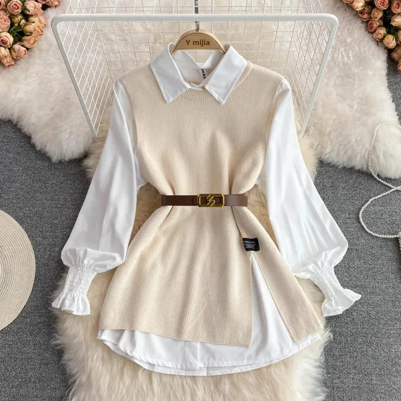 2024 Autumn Long Sleeve White Shirt Sweater Set Chic Age-Reducing Loose Fit Knit Vest Vest 2-Piece Set For Women