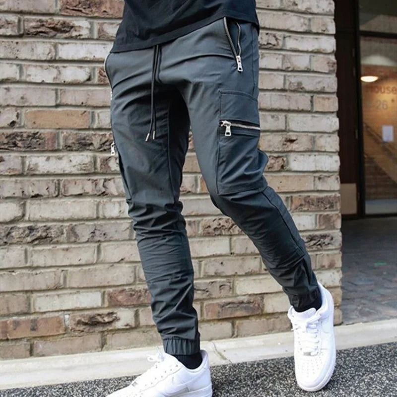 Men's casual overalls spring and autumn new drawstring fashion personality zipper pocket small foot pencil pants long pants