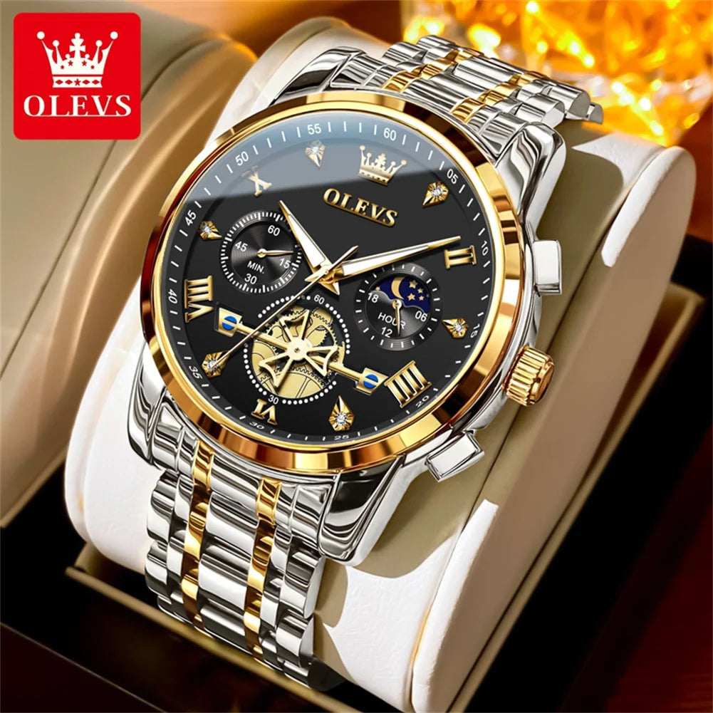 OLEVS 2856 Original Quartz Dress Watch For Men Moon Phase Stainless Steel Business Wristwatch Waterproof Luminous Man Watches