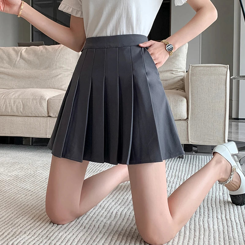 Rimocy Korean Elastic High Waist Pleated Skirt Woman Black Gray Short A-Line Skirts for Women 2023 Summer Jk Uniform Mini Skirt