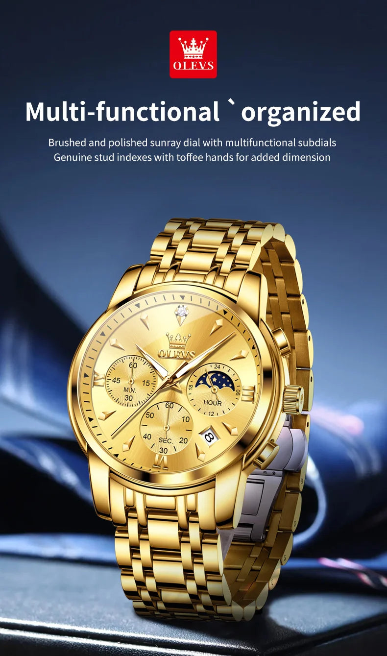 OLEVS 3639 Moon Phase Quartz Watch For Men Fashion Chronograph Luxury Wristwatch Waterproof Luminous Date Business Man Watches