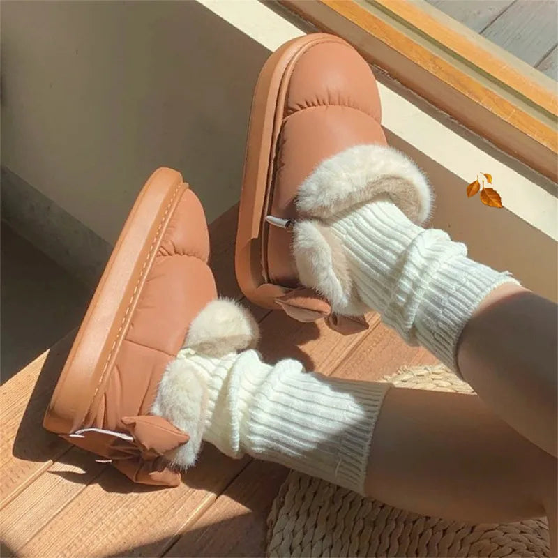 Women's Snow Boots Winter Warm Thick Ankle Boots Outdoor Anti Slip Furry Bow Cotton Shoes Comfortable Waterproof Plush Boots