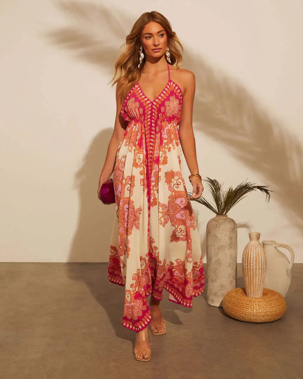 Women's Bohemian Floral Halter Dress – Long, V-Neck, Perfect for Summer, Beach Days, and Casual Outings.