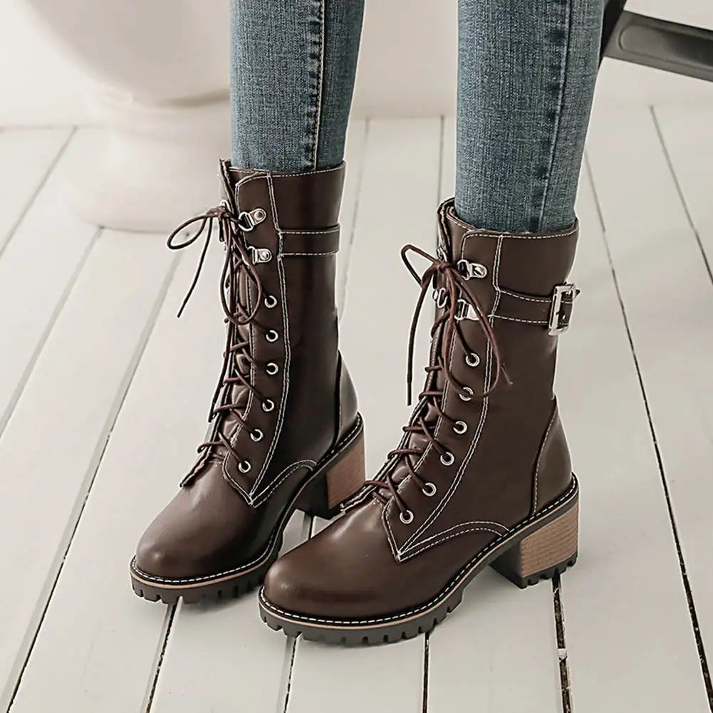 HUAJUANER 2023 Big Size 45 Autumn Winter Shoes High Quality Leather Boots Women Fashion non-slip Shoelaces Motorcycles Boots