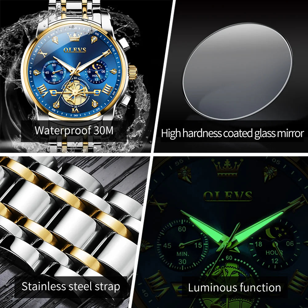 OLEVS 2856 Original Quartz Dress Watch For Men Moon Phase Stainless Steel Business Wristwatch Waterproof Luminous Man Watches