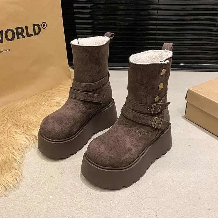 Women’s Winter Boots – Thick sole, ultra high heel, fleece-lined, mid-calf, round toe.