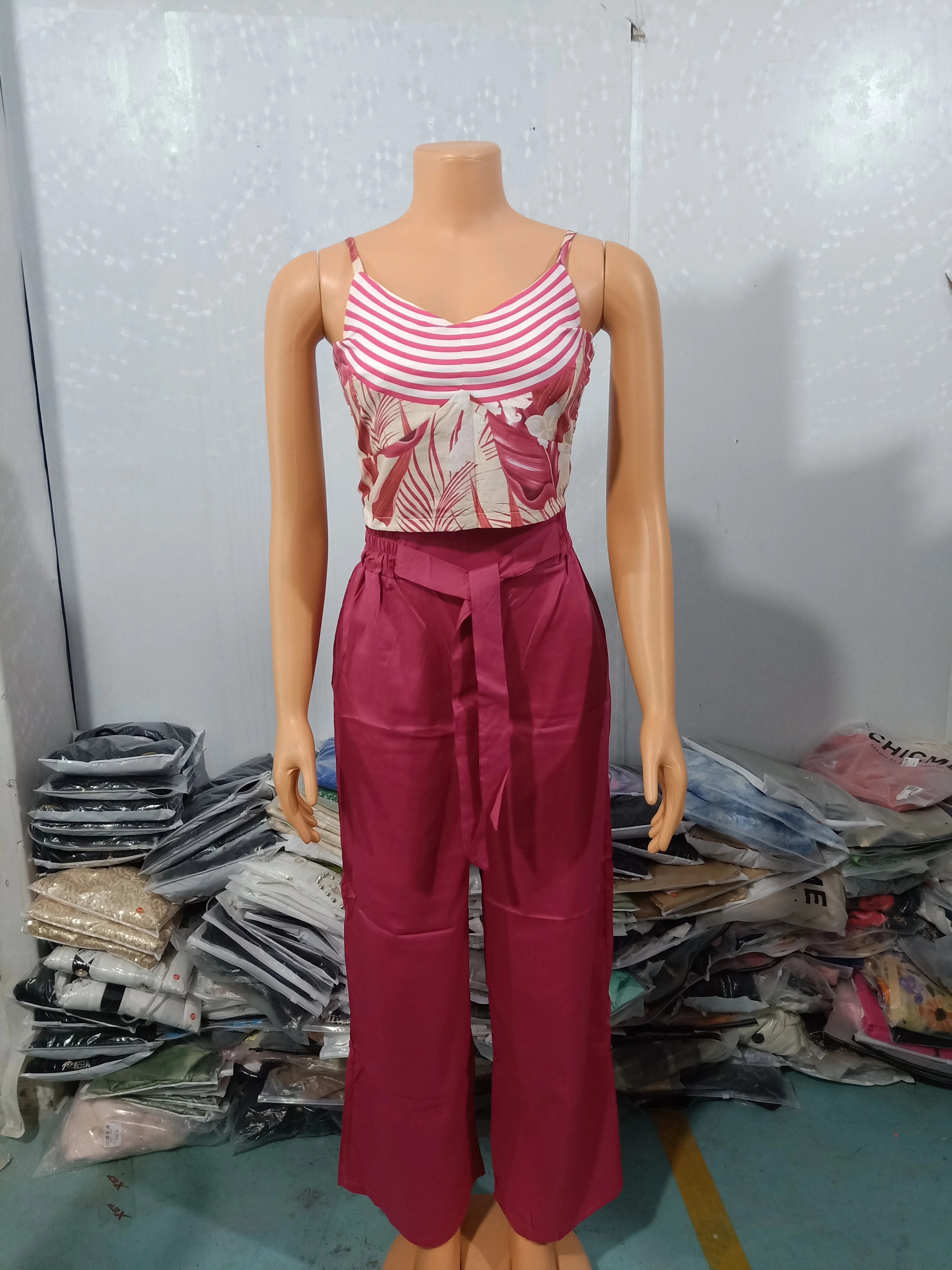 Tow Piceses Outfits for Women 2023 V-Neck Sleeveless Shirred Crop Top & Pocket Design Elegant Work Lady Wide Leg Pants Set