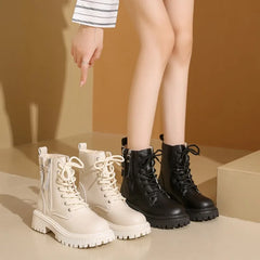 Winter Shoes Female 2024 New Plus Velvet Warm Zipper Women's Boots Outdoor Comfortable Non-slip Leather Boots Beige Women