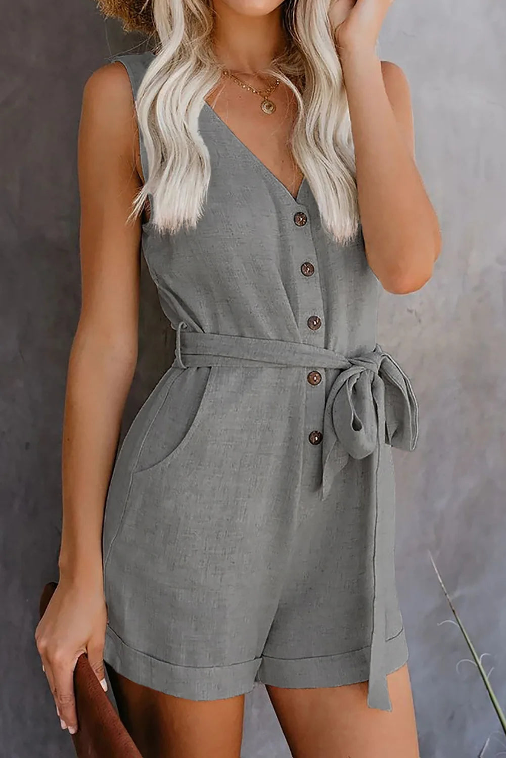Women's Casual V-neck Monochromatic Jumpsuit