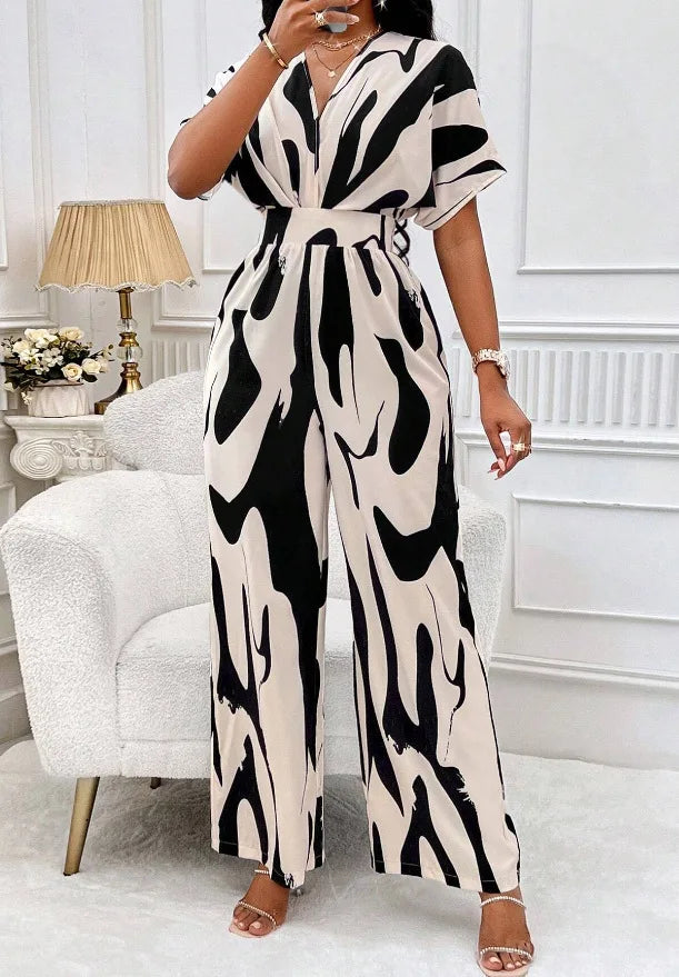Spring Summer New Printed Short Sleeve For Women's Jumpsuit Fashion Waist Slim Simple Elegant Female Office Jumpsuit Pants