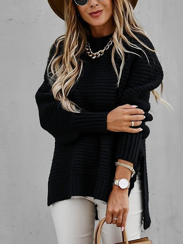 Loose Black Knit Sweater with High Neck – Autumn & Winter