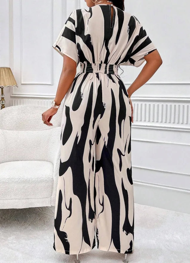 Spring Summer New Printed Short Sleeve For Women's Jumpsuit Fashion Waist Slim Simple Elegant Female Office Jumpsuit Pants