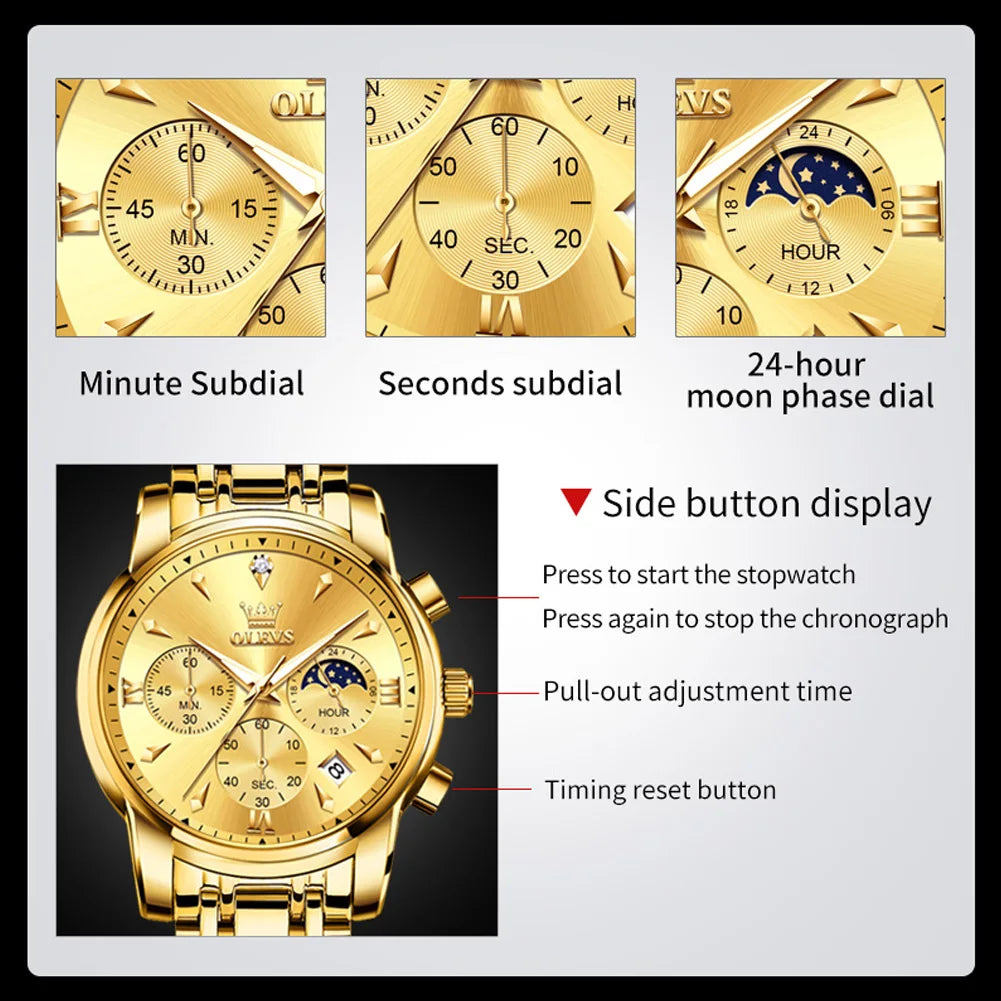 OLEVS 3639 Moon Phase Quartz Watch For Men Fashion Chronograph Luxury Wristwatch Waterproof Luminous Date Business Man Watches