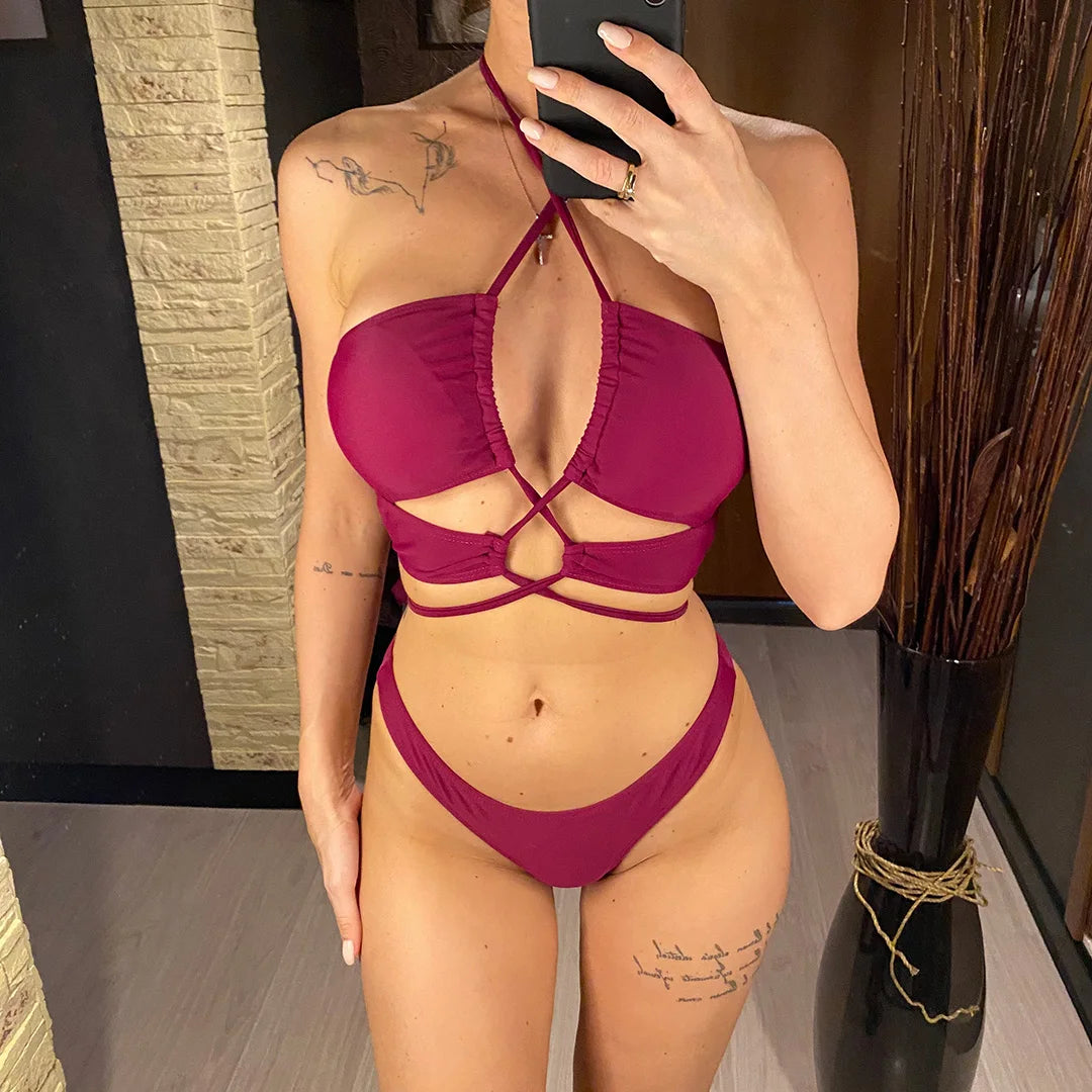 Three-Piece Swimsuit with Skirt — Wrinkled, Cut-Out Bikini Set.