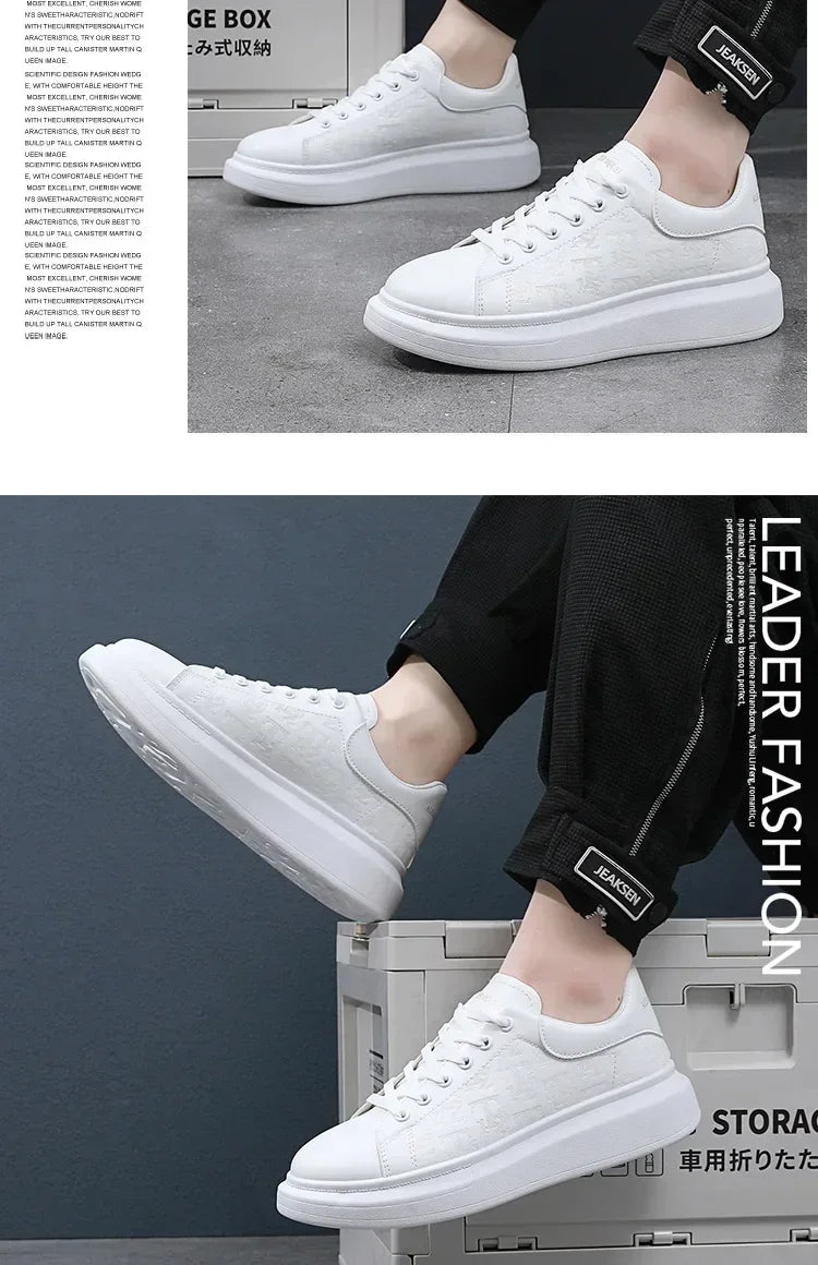 Casual Shoes Men 2024 New arrival Lace-up Thick Sole Casual Sneakers Versatile Leather Muffin Shoes Elevated Male Board Footwear