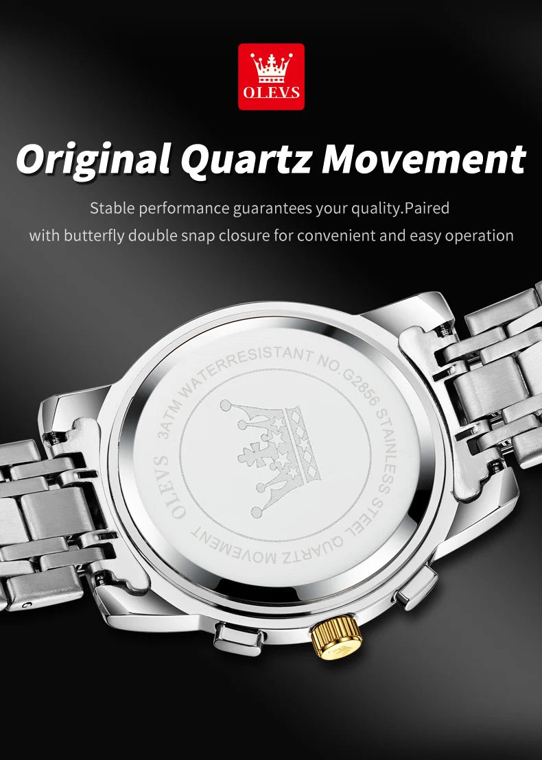 OLEVS 2856 Original Quartz Dress Watch For Men Moon Phase Stainless Steel Business Wristwatch Waterproof Luminous Man Watches