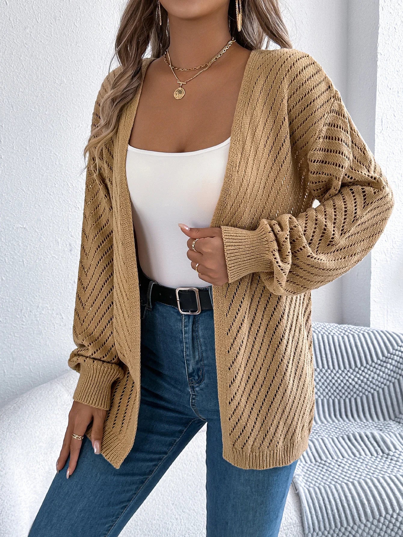 Solid Knit Long Sleeve Cardigan – Autumn & Winter