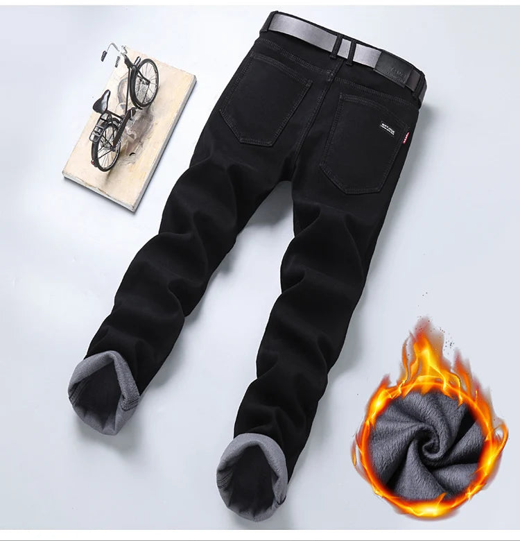 Winter Pure Black Fleece Thick Warm Jeans Men's Slim Straight Elastic Denim Pants Casual Male Clothing Fashion Plush Trousers