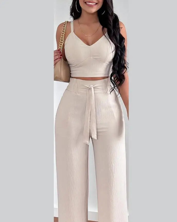 Tow Piceses Outfits for Women 2023 V-Neck Sleeveless Shirred Crop Top & Pocket Design Elegant Work Lady Wide Leg Pants Set