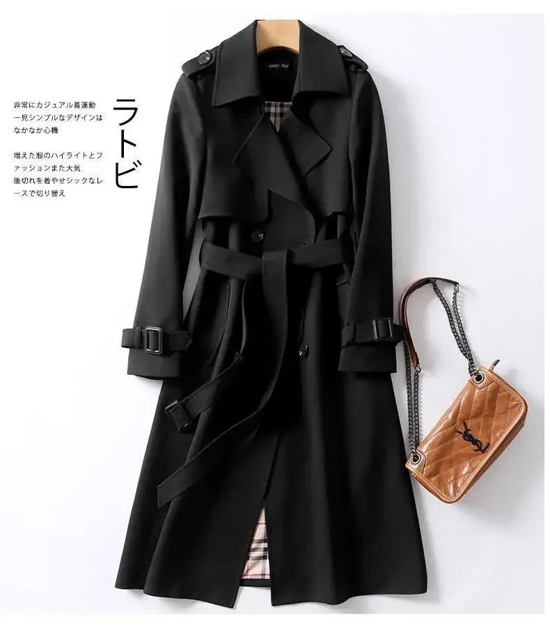 2024 Autumn Elegant Long Women Trench Lace Up Waist Casual Solid V Neck Overcoat Plus Size Long Sleeve Windbreaker Female Trench