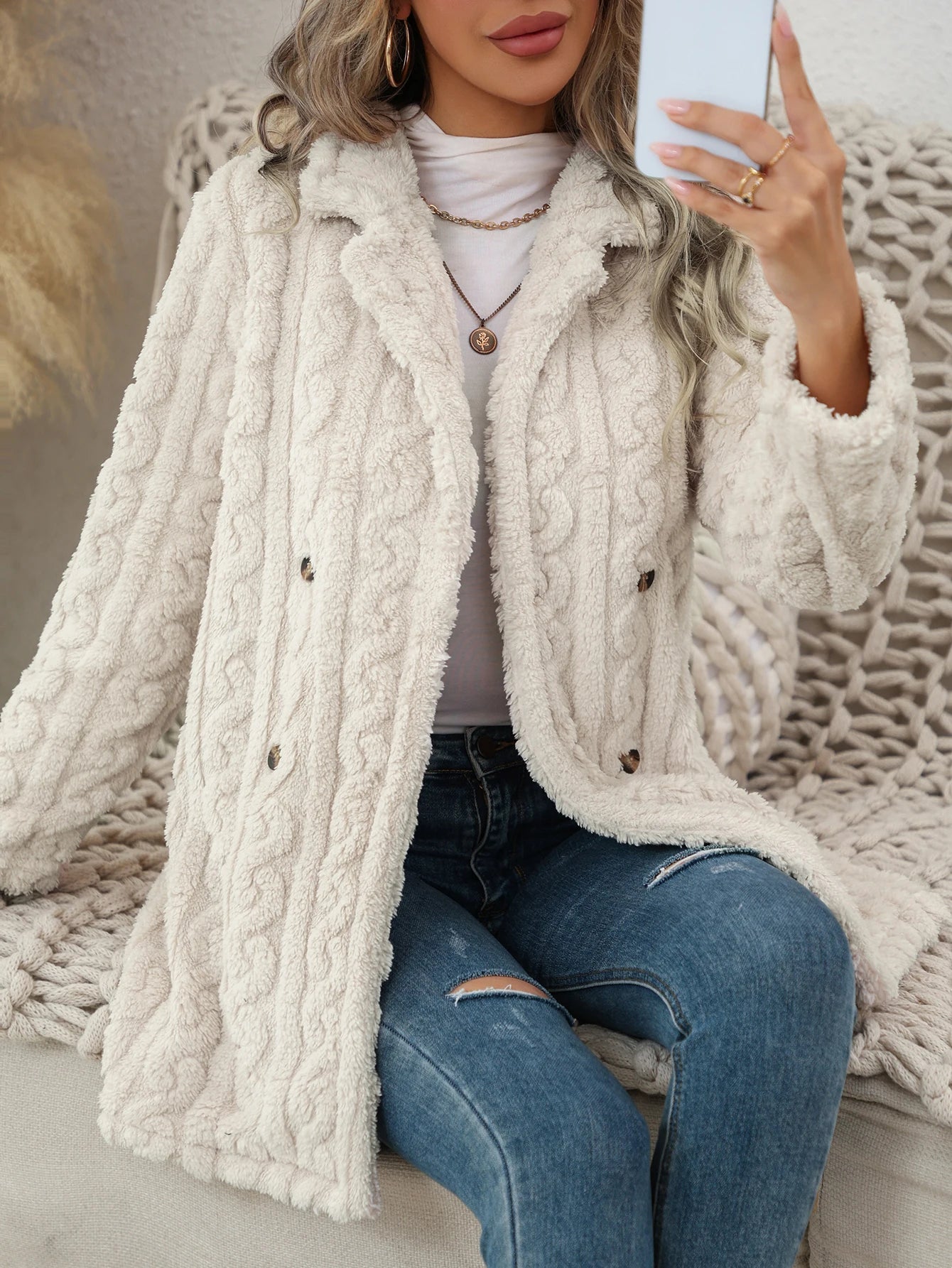 Textured jacquard long coat for women, perfect for autumn and winter.