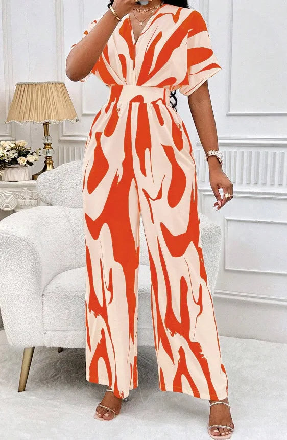 Spring Summer New Printed Short Sleeve For Women's Jumpsuit Fashion Waist Slim Simple Elegant Female Office Jumpsuit Pants