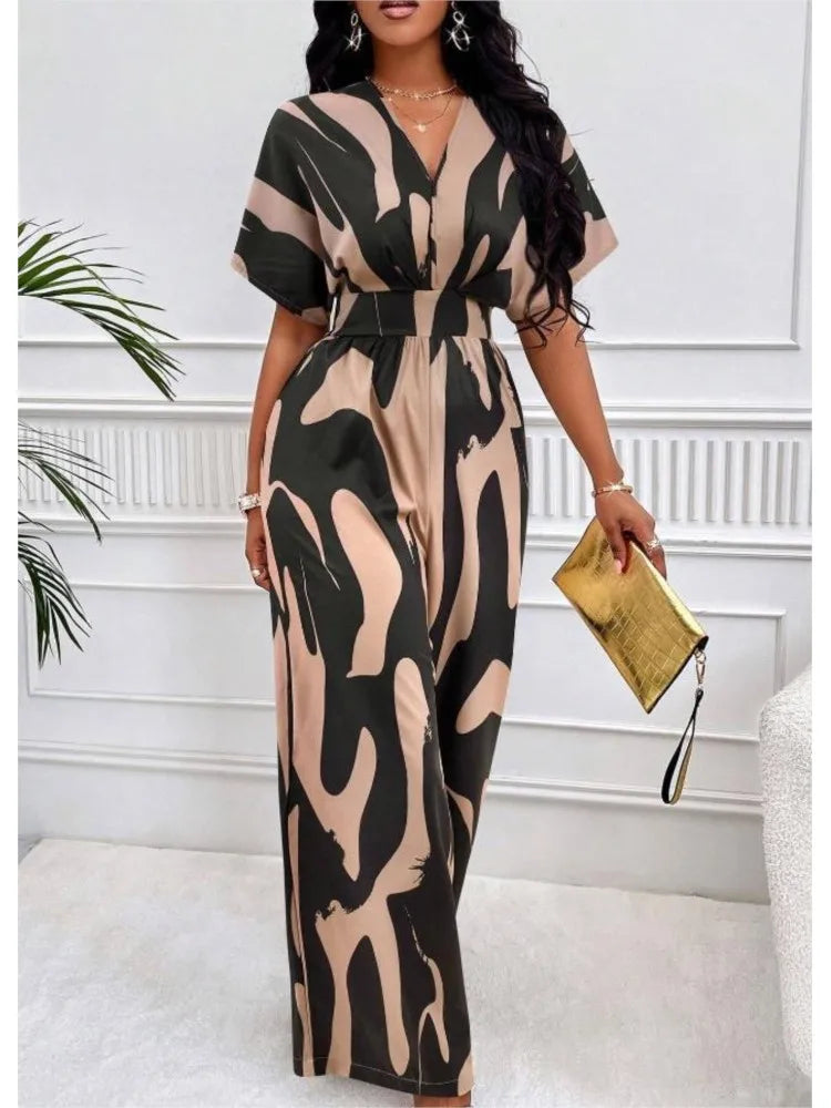 Spring Summer New Printed Short Sleeve For Women's Jumpsuit Fashion Waist Slim Simple Elegant Female Office Jumpsuit Pants