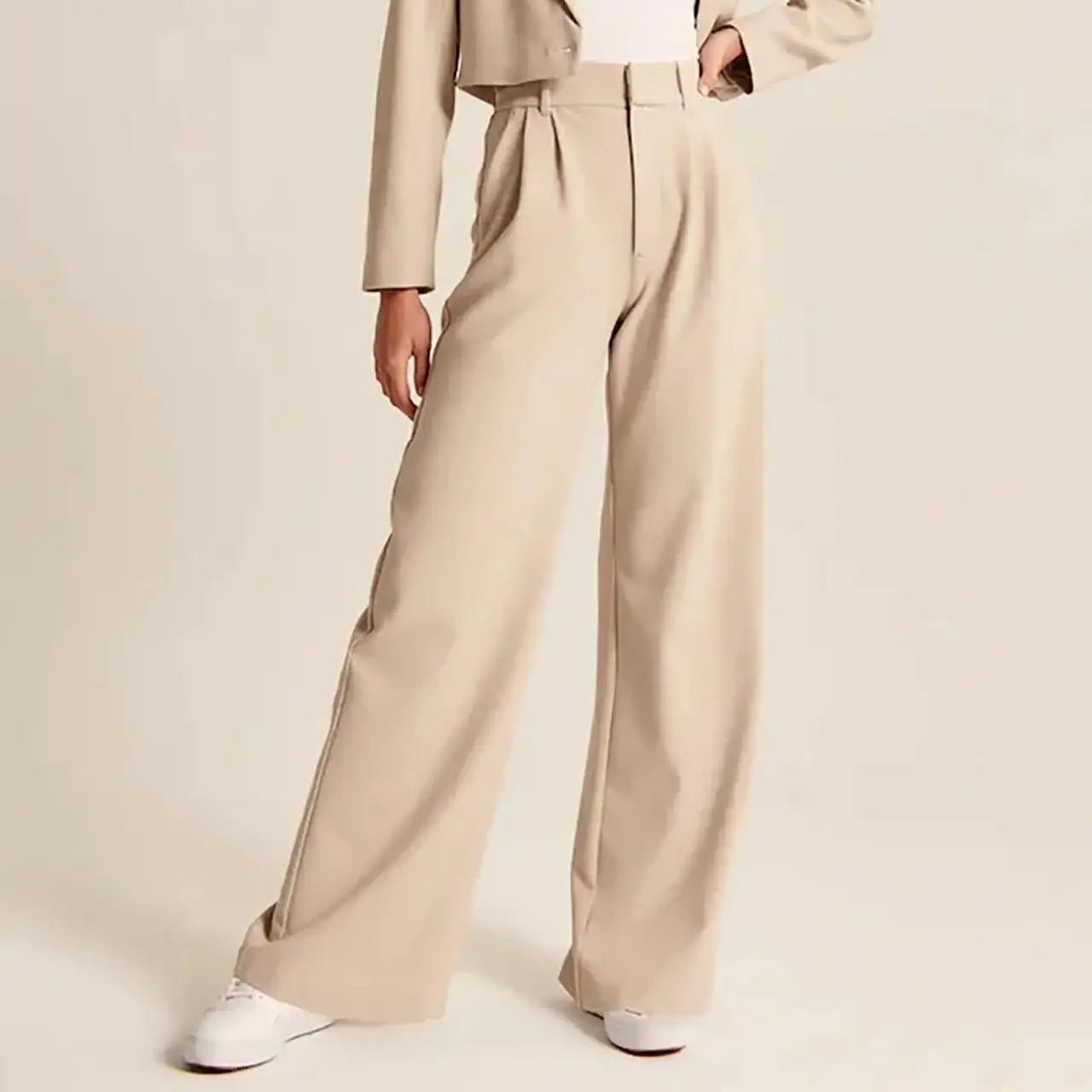 Customizable Womens Casual Wide Leg Pants Office Lady High Waisted Work Solid Color Tailored Button Down Trousers with Pockets