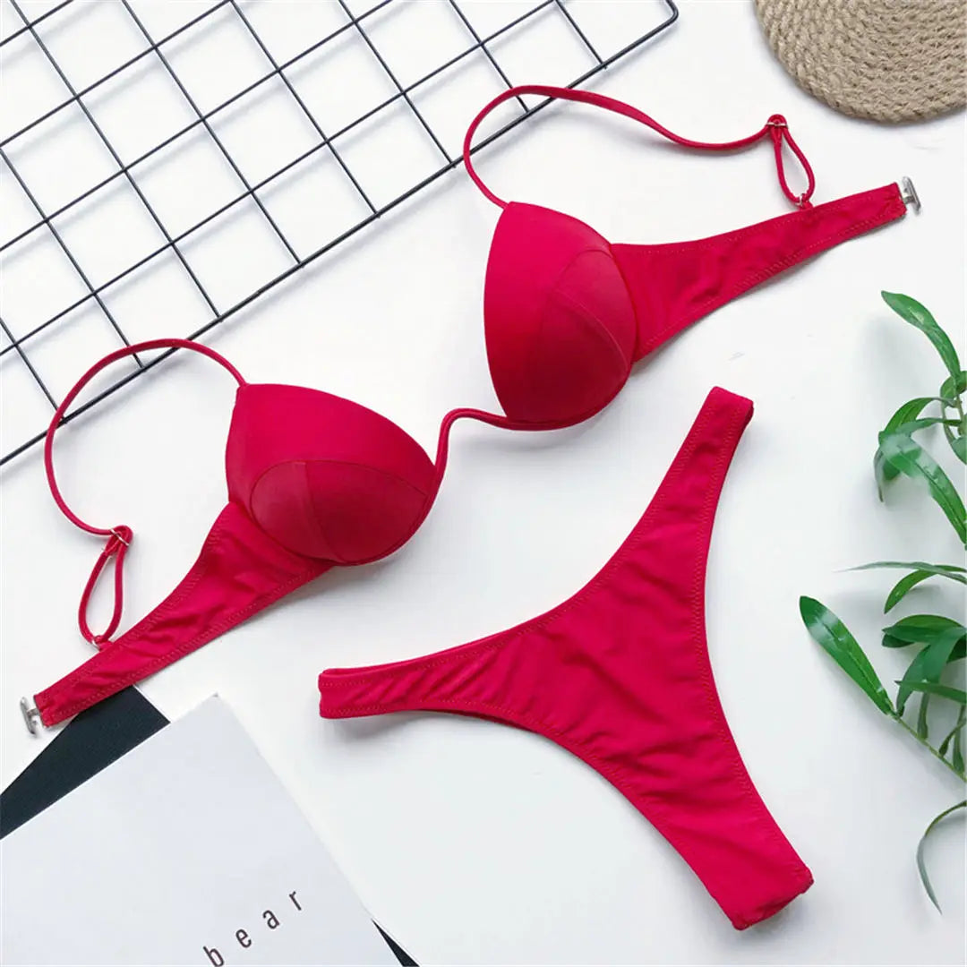 Sexy V-Bra Bikini — Underwired Push-Up, Hard Cup, Two-Piece Backless Set.