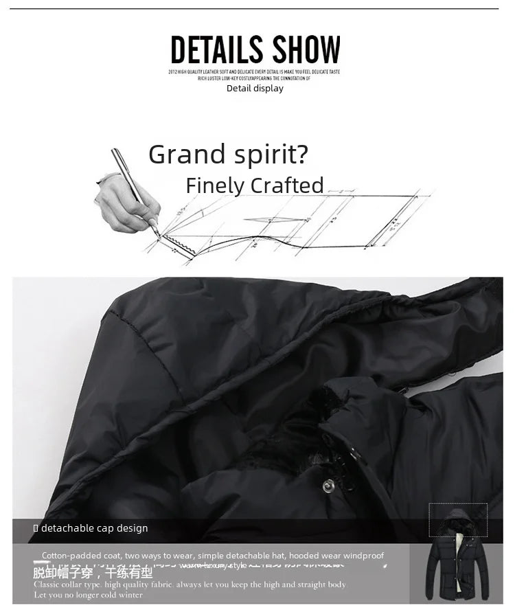 Thickened cotton padded men’s jacket, warm and medium-length.