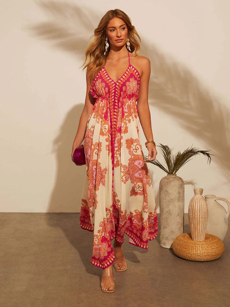 Women's Bohemian Floral Halter Dress – Long, V-Neck, Perfect for Summer, Beach Days, and Casual Outings.