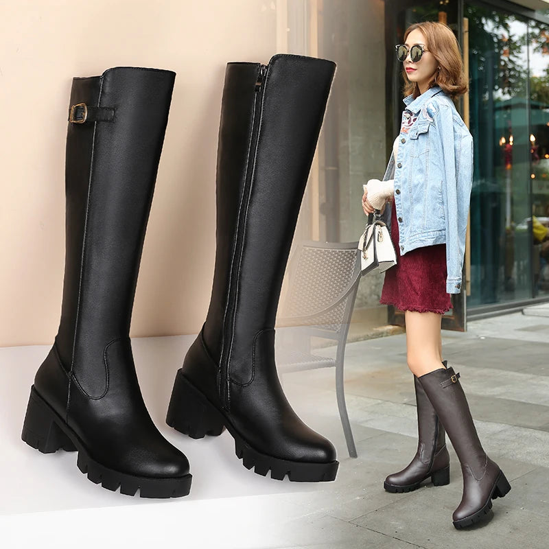 Casual Women platform Snow Boots Buckle Women Knee High Boots Warm Fur Winter Riding Boot Female Black Brown Shoes Large Size 45