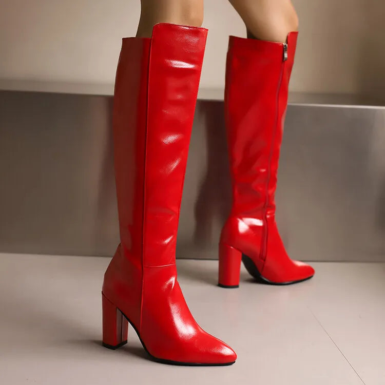 Sexy Women Knee High Boots Pointy Toe Chunky Heels 9CM Boot Large Size 44 45 46 With Zipper Winter Outdoors Leather Female Shoes