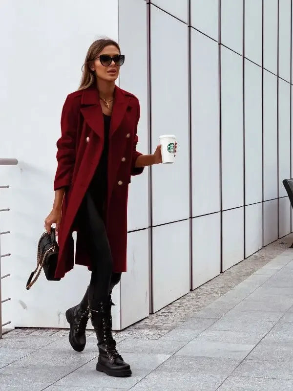 Women’s Double-Breasted Wool Coat – Midi length, V-neck, elegant and fashionable.