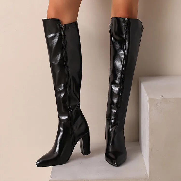 Sexy Women Knee High Boots Pointy Toe Chunky Heels 9CM Boot Large Size 44 45 46 With Zipper Winter Outdoors Leather Female Shoes