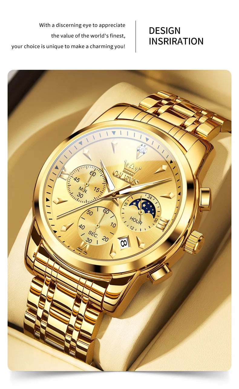 OLEVS 3639 Moon Phase Quartz Watch For Men Fashion Chronograph Luxury Wristwatch Waterproof Luminous Date Business Man Watches