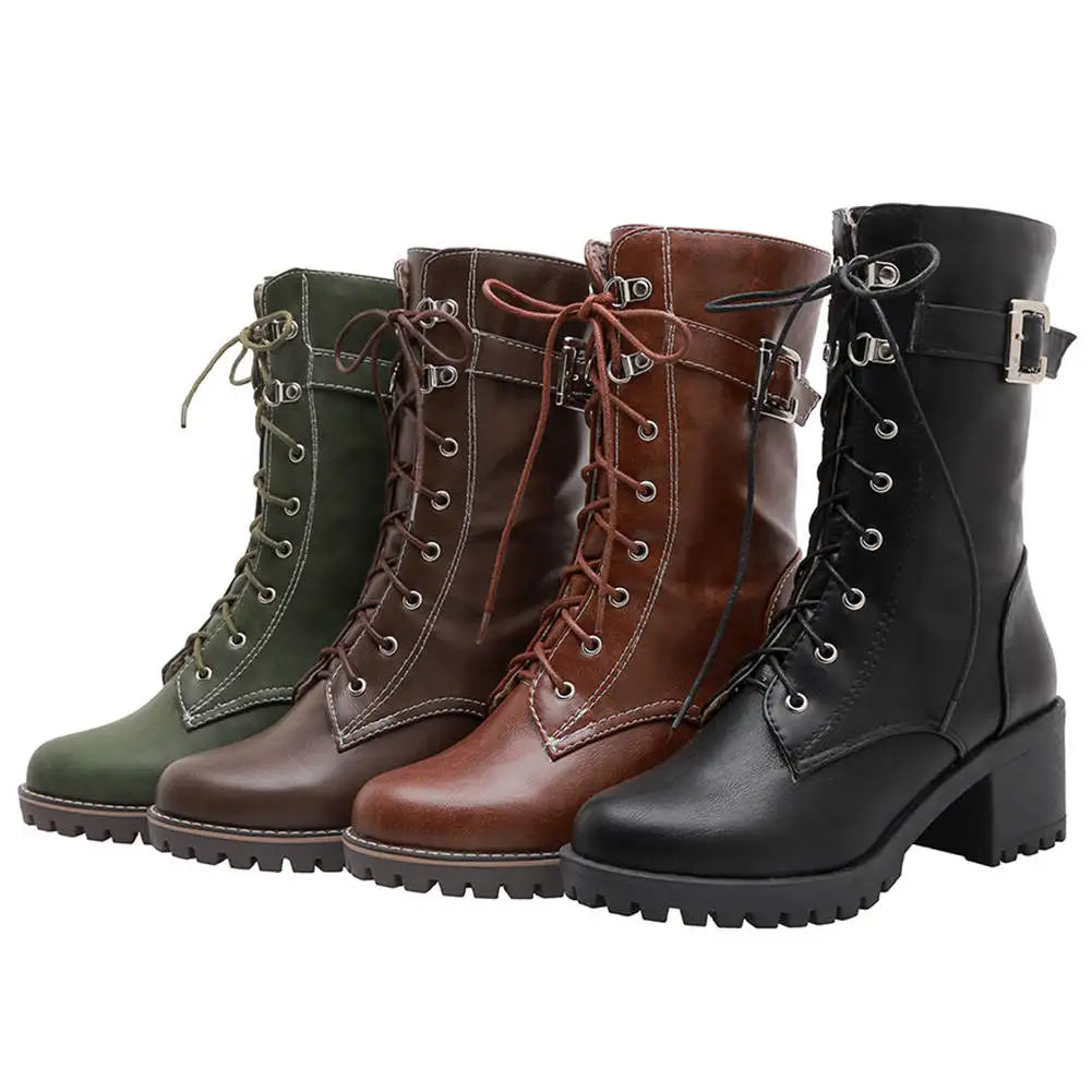 HUAJUANER 2023 Big Size 45 Autumn Winter Shoes High Quality Leather Boots Women Fashion non-slip Shoelaces Motorcycles Boots