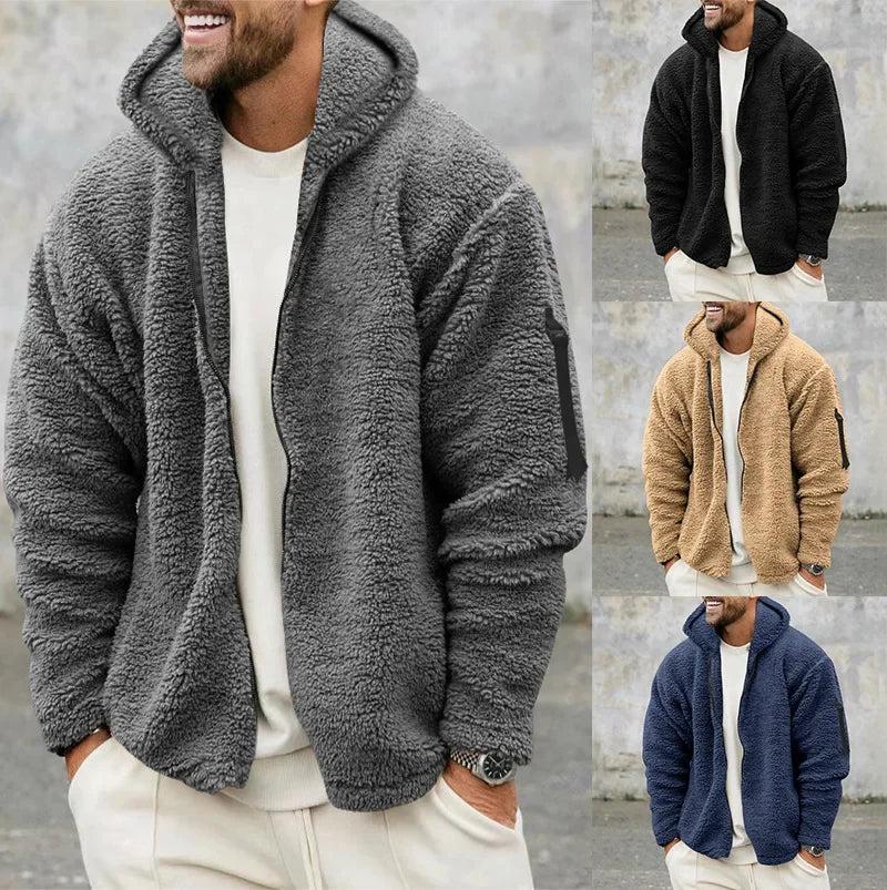 Men’s Fleece Jacket – Hooded, warm, loose fit, casual winter style.