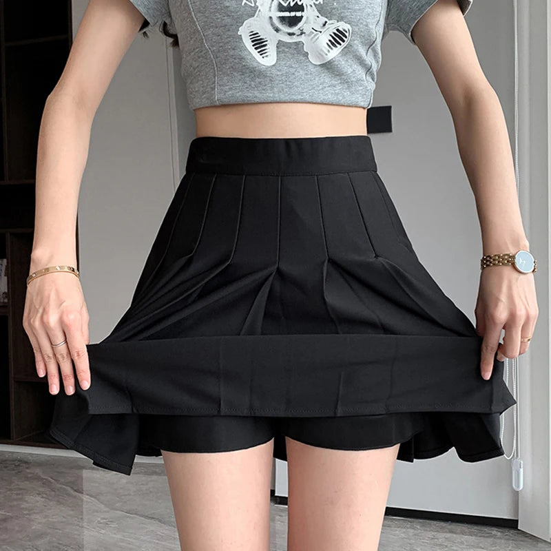 Rimocy Korean Elastic High Waist Pleated Skirt Woman Black Gray Short A-Line Skirts for Women 2023 Summer Jk Uniform Mini Skirt