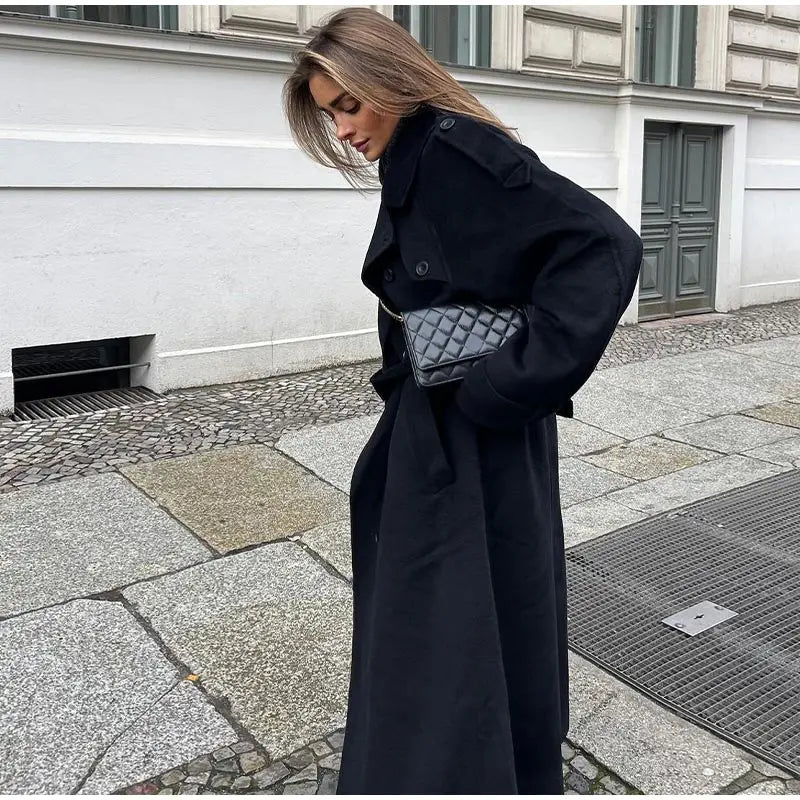 Fashion With Belt Black Woolen Long Coat For Women Oversize Loose Double Button Lapel Overcoat Autumn Lady High Street Outerwear