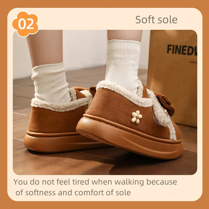 Women Fashion Bow Flower Snow Boots Ladies Elegant Winter Cotton Shoes Casual Outdoor Non-slip Thick Sole Slipper Footwear