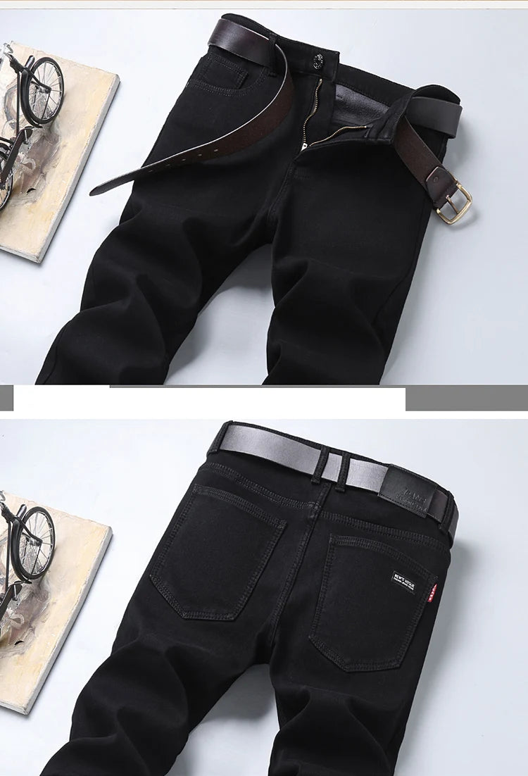 Winter Pure Black Fleece Thick Warm Jeans Men's Slim Straight Elastic Denim Pants Casual Male Clothing Fashion Plush Trousers