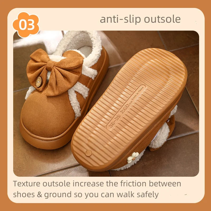 Women Fashion Bow Flower Snow Boots Ladies Elegant Winter Cotton Shoes Casual Outdoor Non-slip Thick Sole Slipper Footwear