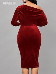 2024 Winter Red Velvet Plus Size Bodycon Dress Women Long Sleeve Large Knee Dresses Ladies Sexy Off Shoulder Evening Party Dress