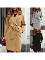 Women's S-2XL Size New Fashion Slim Fit Waist Belt Flip Collar Woolen Coat trench coat  trench coat for women