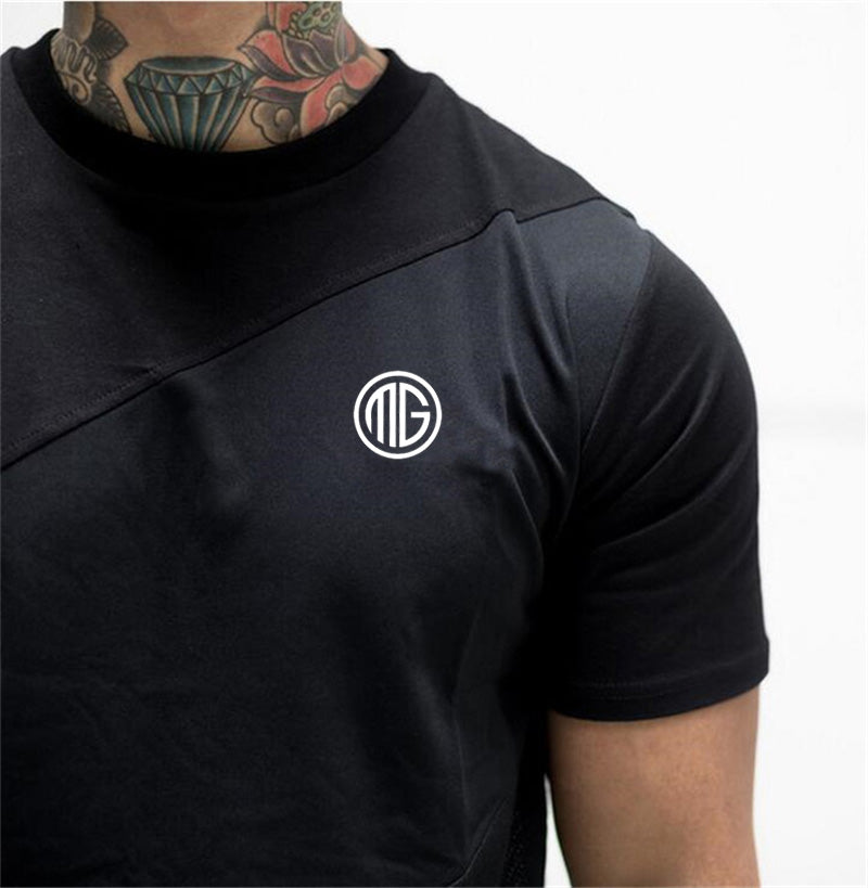 Mens Muscle T Shirt Gym Bodybuilding Fitness Tees Tops Cotton Patchwork Mesh Slim Fit T Shirt Cotton Sports Short Sleeve Tshirt