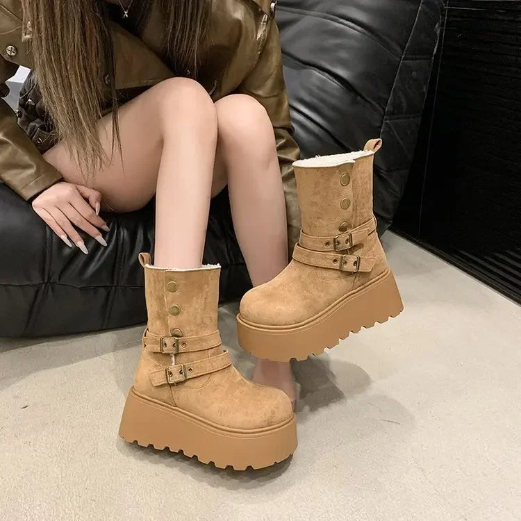 Women’s Winter Boots – Thick sole, ultra high heel, fleece-lined, mid-calf, round toe.